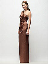 Side View Thumbnail - Cognac One-Shoulder Draped Bodice Stretch Satin Column Maxi Dress