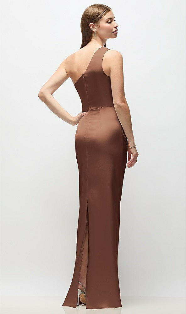 Back View - Cognac One-Shoulder Draped Bodice Stretch Satin Column Maxi Dress