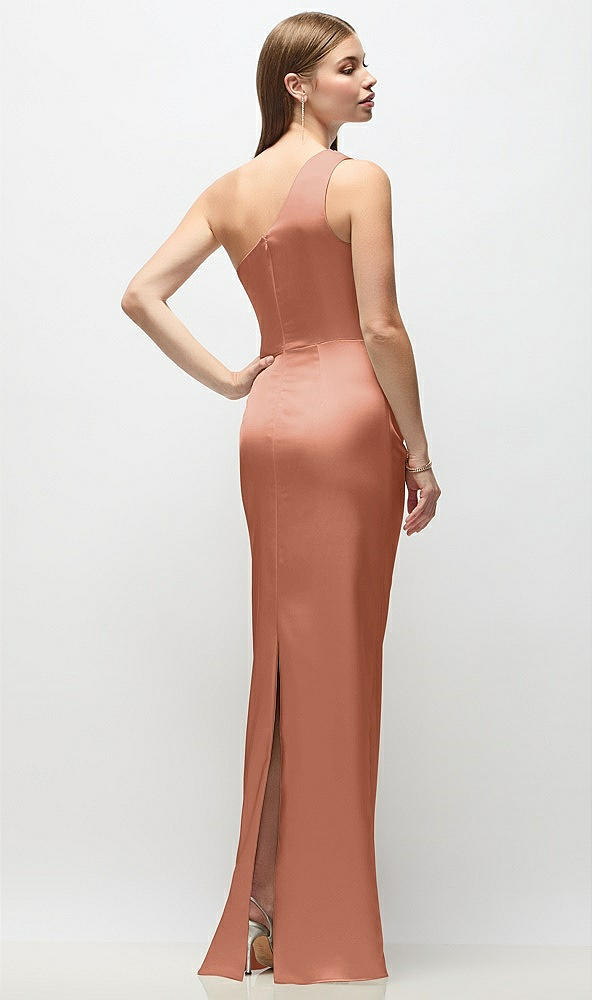 Back View - Copper Penny One-Shoulder Draped Bodice Stretch Satin Column Maxi Dress