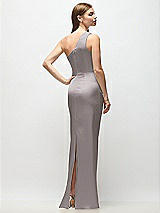 Rear View Thumbnail - Cashmere Gray One-Shoulder Draped Bodice Stretch Satin Column Maxi Dress
