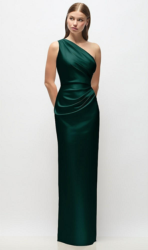 Front View - Evergreen One-Shoulder Draped Bodice Stretch Satin Column Maxi Dress