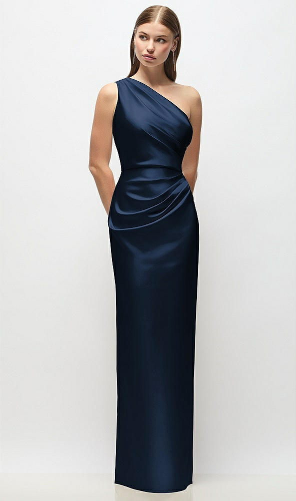 Front View - Midnight Navy One-Shoulder Draped Bodice Stretch Satin Column Maxi Dress