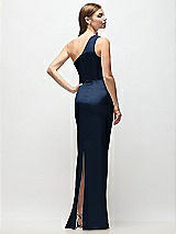Rear View Thumbnail - Midnight Navy One-Shoulder Draped Bodice Stretch Satin Column Maxi Dress