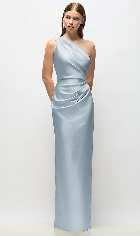 Front View - Mist One-Shoulder Draped Bodice Stretch Satin Column Maxi Dress