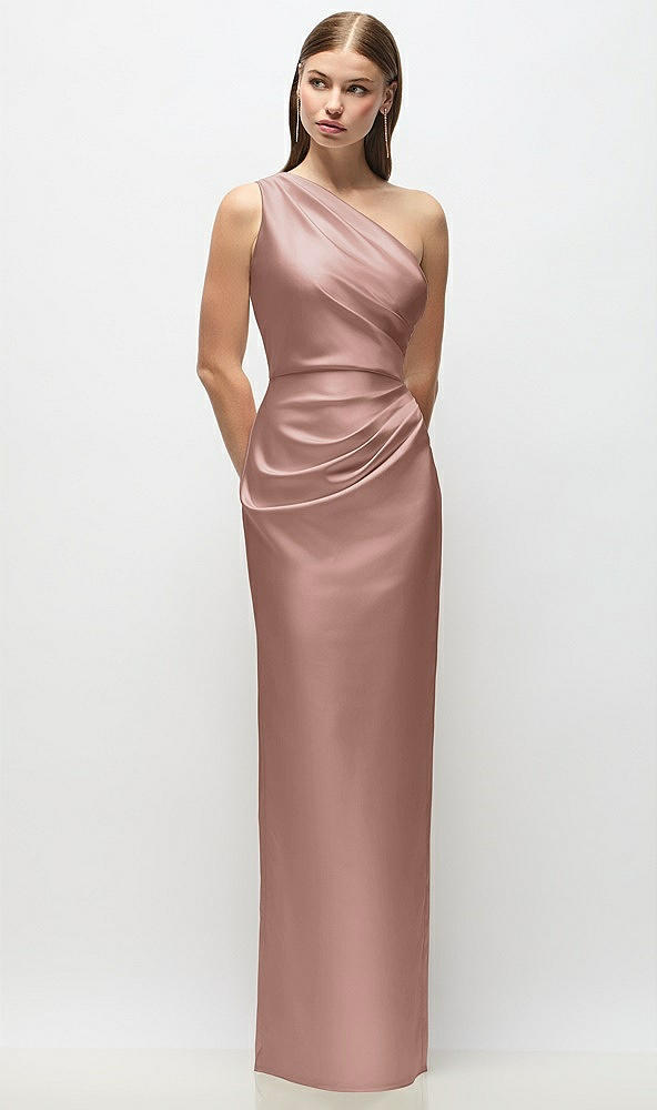 Front View - Neu Nude One-Shoulder Draped Bodice Stretch Satin Column Maxi Dress