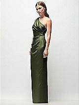 Side View Thumbnail - Olive Green One-Shoulder Draped Bodice Stretch Satin Column Maxi Dress