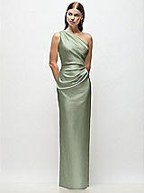 Front View Thumbnail - Sage One-Shoulder Draped Bodice Stretch Satin Column Maxi Dress