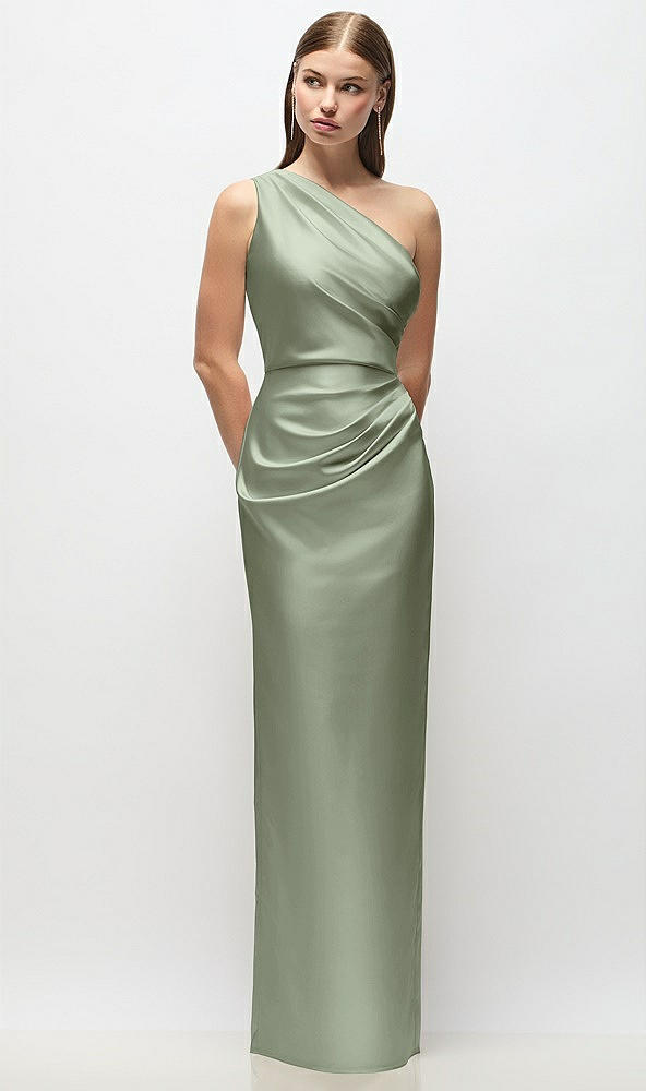 Front View - Sage One-Shoulder Draped Bodice Stretch Satin Column Maxi Dress
