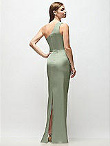 Rear View Thumbnail - Sage One-Shoulder Draped Bodice Stretch Satin Column Maxi Dress