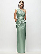 Front View Thumbnail - Seagrass One-Shoulder Draped Bodice Stretch Satin Column Maxi Dress