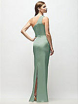 Rear View Thumbnail - Seagrass One-Shoulder Draped Bodice Stretch Satin Column Maxi Dress