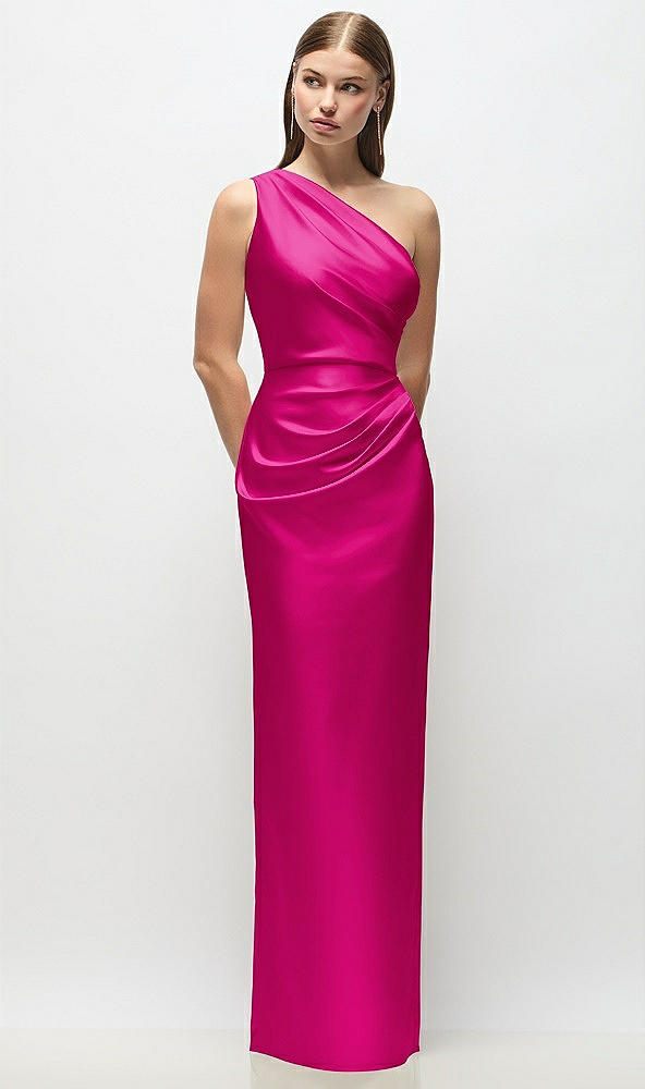 Front View - Think Pink One-Shoulder Draped Bodice Stretch Satin Column Maxi Dress