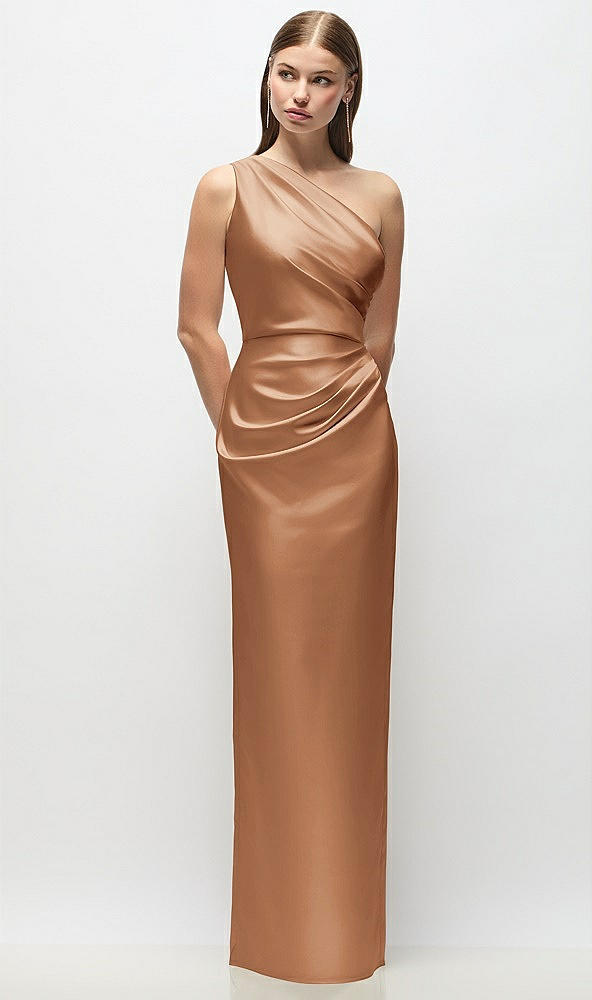Front View - Toffee One-Shoulder Draped Bodice Stretch Satin Column Maxi Dress