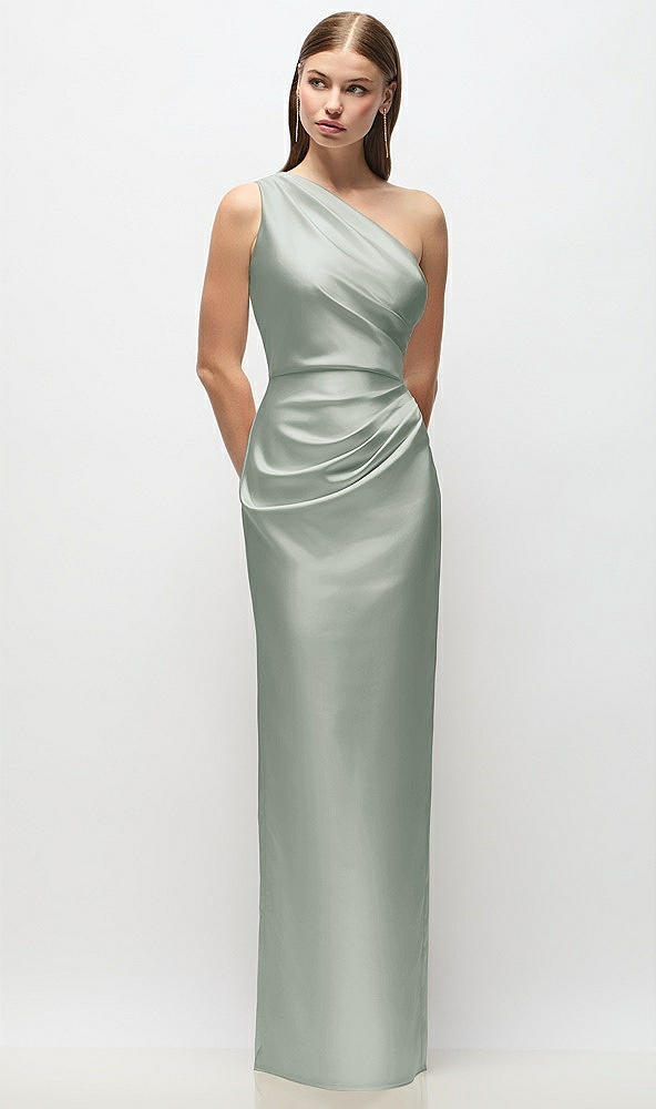 Front View - Willow Green One-Shoulder Draped Bodice Stretch Satin Column Maxi Dress