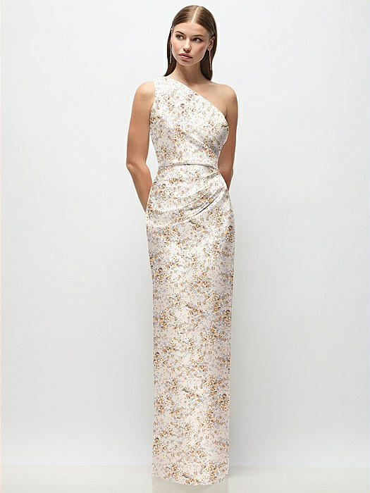 One-Shoulder Draped Bodice Floral Stretch Satin Column Maxi Dress