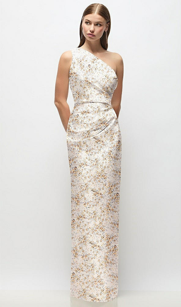Front View - Golden Hour One-Shoulder Draped Bodice Floral Stretch Satin Column Maxi Dress