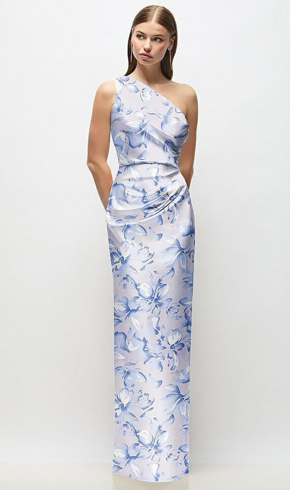 Front View - Magnolia Sky One-Shoulder Draped Bodice Floral Stretch Satin Column Maxi Dress