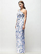 Side View Thumbnail - Magnolia Sky One-Shoulder Draped Bodice Floral Stretch Satin Column Maxi Dress