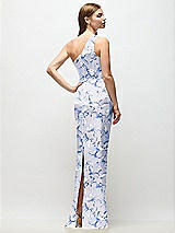 Rear View Thumbnail - Magnolia Sky One-Shoulder Draped Bodice Floral Stretch Satin Column Maxi Dress