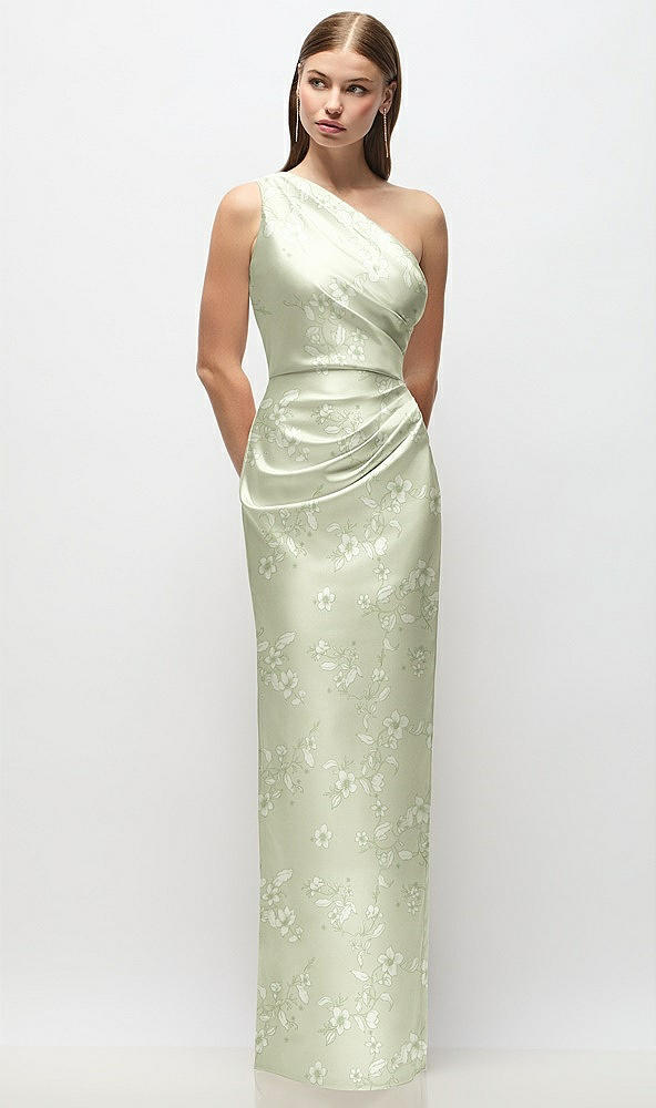 Front View - Vintage Primrose Celadon One-Shoulder Draped Bodice Floral Stretch Satin Column Maxi Dress