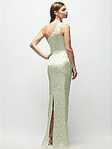 Rear View Thumbnail - Vintage Primrose Celadon One-Shoulder Draped Bodice Floral Stretch Satin Column Maxi Dress