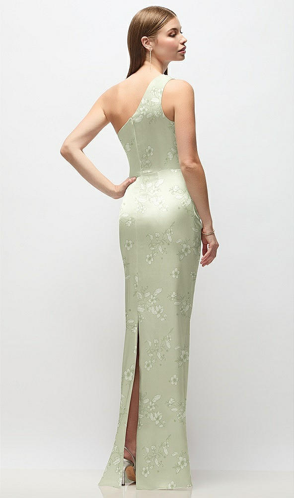 Back View - Vintage Primrose Celadon One-Shoulder Draped Bodice Floral Stretch Satin Column Maxi Dress
