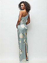 Rear View Thumbnail - Mist Multi One-Shoulder Draped Bodice Painterly Floral Stretch Satin Column Maxi Dress