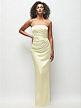 Front View Thumbnail - Butter Yellow Strapless Draped Bodice Stretch Satin Column Maxi Dress
