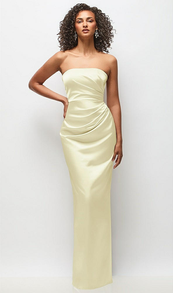 Front View - Butter Yellow Strapless Draped Bodice Stretch Satin Column Maxi Dress