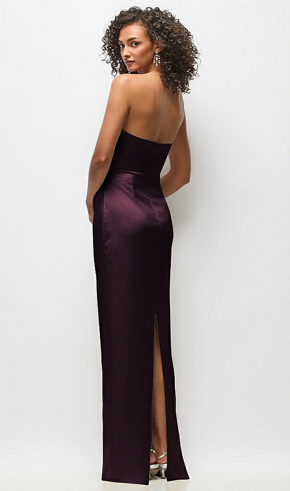 Back View - Deep Plum Strapless Draped Bodice Stretch Satin Column Maxi Dress