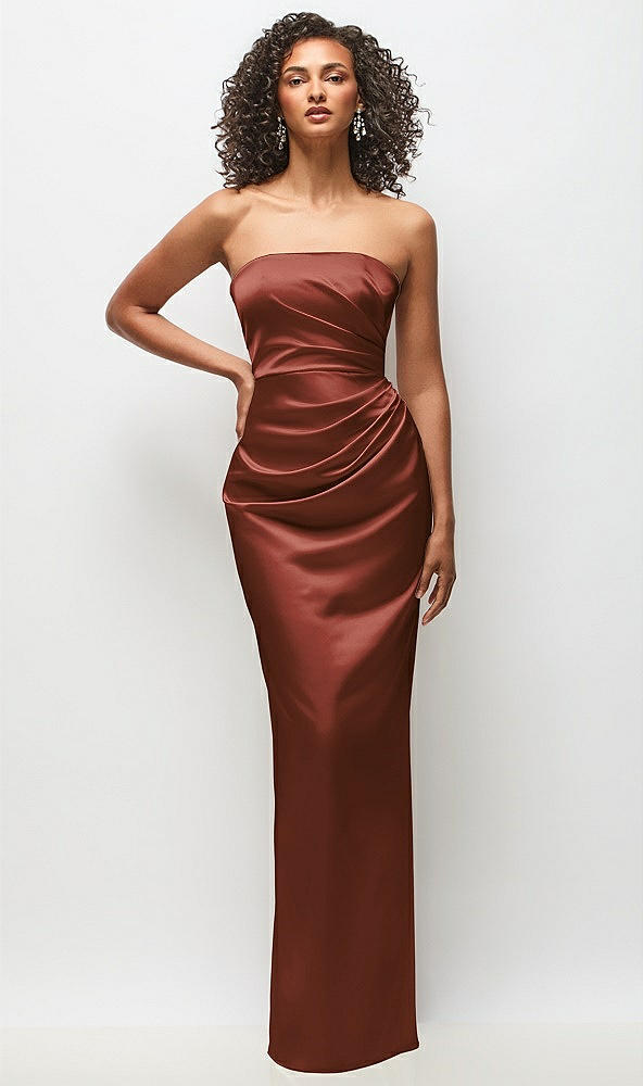 Front View - Auburn Moon Strapless Draped Bodice Stretch Satin Column Maxi Dress