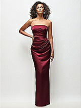 Front View Thumbnail - Cabernet Strapless Draped Bodice Stretch Satin Column Maxi Dress