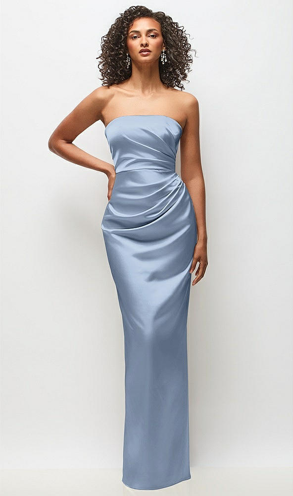 Front View - Cloudy Strapless Draped Bodice Stretch Satin Column Maxi Dress