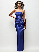 Front View Thumbnail - Cobalt Blue Strapless Draped Bodice Stretch Satin Column Maxi Dress