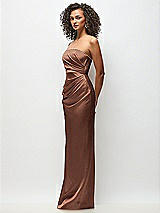 Side View Thumbnail - Cognac Strapless Draped Bodice Stretch Satin Column Maxi Dress
