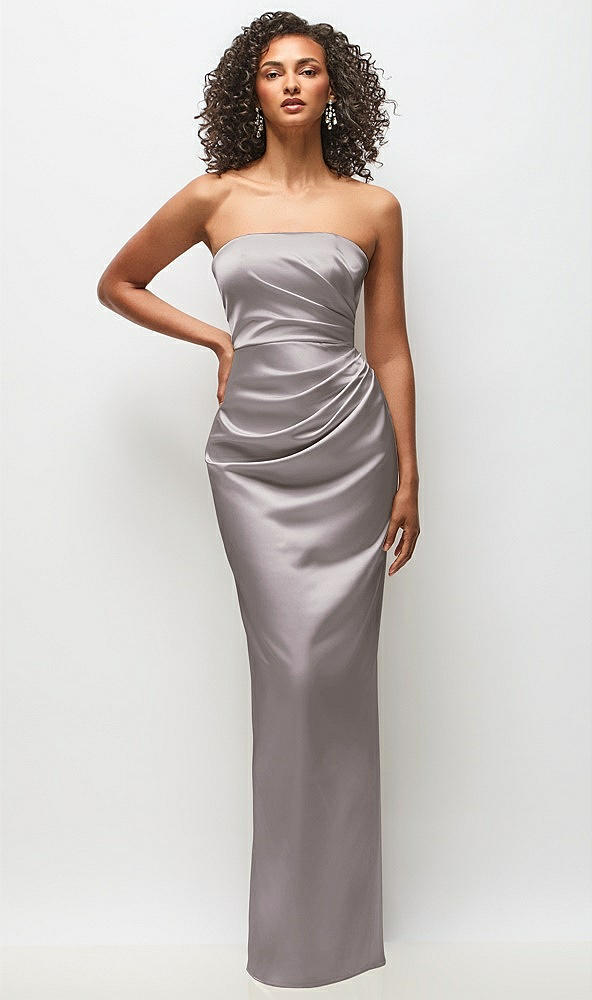 Front View - Cashmere Gray Strapless Draped Bodice Stretch Satin Column Maxi Dress