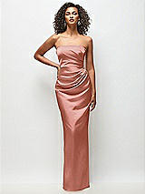 Front View Thumbnail - Desert Rose Strapless Draped Bodice Stretch Satin Column Maxi Dress