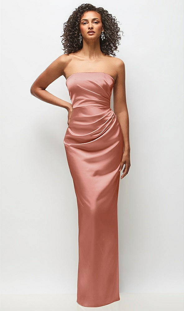 Front View - Desert Rose Strapless Draped Bodice Stretch Satin Column Maxi Dress