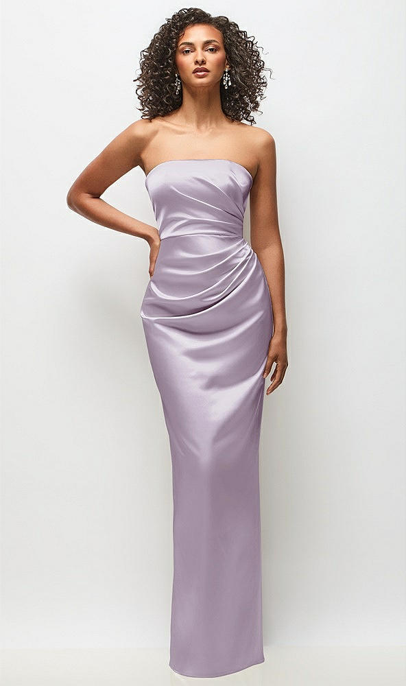 Front View - Lilac Haze Strapless Draped Bodice Stretch Satin Column Maxi Dress