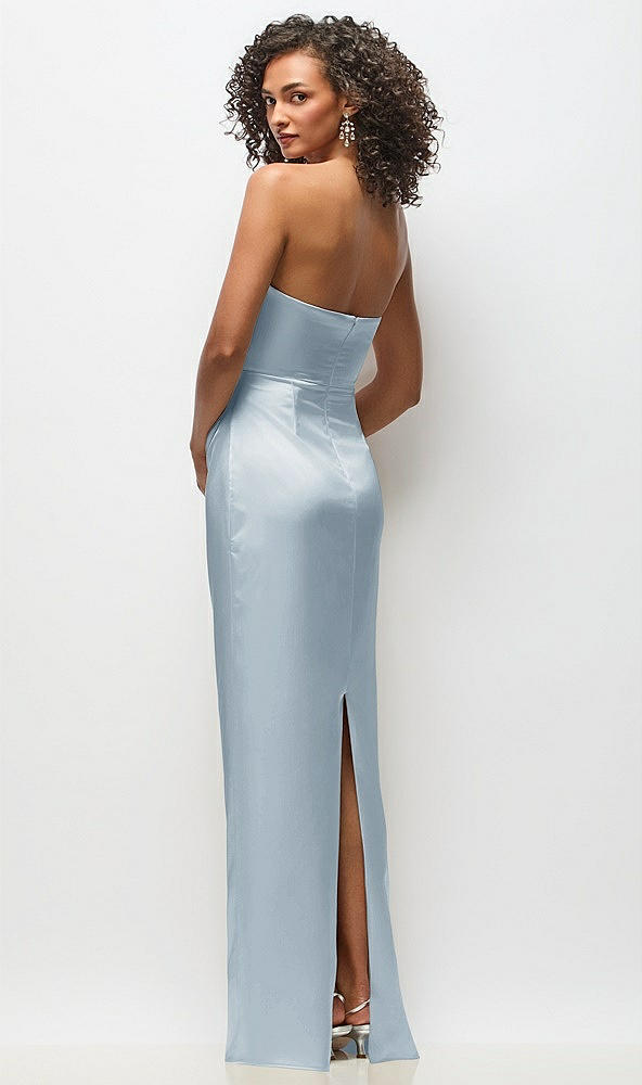 Back View - Mist Strapless Draped Bodice Stretch Satin Column Maxi Dress