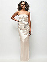 Front View Thumbnail - Oat Strapless Draped Bodice Stretch Satin Column Maxi Dress