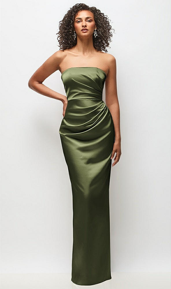 Front View - Olive Green Strapless Draped Bodice Stretch Satin Column Maxi Dress