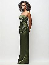 Side View Thumbnail - Olive Green Strapless Draped Bodice Stretch Satin Column Maxi Dress