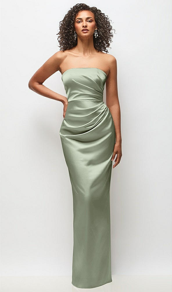 Front View - Sage Strapless Draped Bodice Stretch Satin Column Maxi Dress