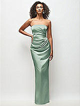 Front View Thumbnail - Seagrass Strapless Draped Bodice Stretch Satin Column Maxi Dress