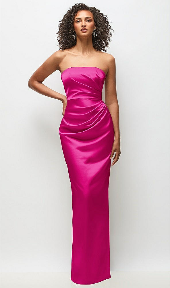 Front View - Think Pink Strapless Draped Bodice Stretch Satin Column Maxi Dress