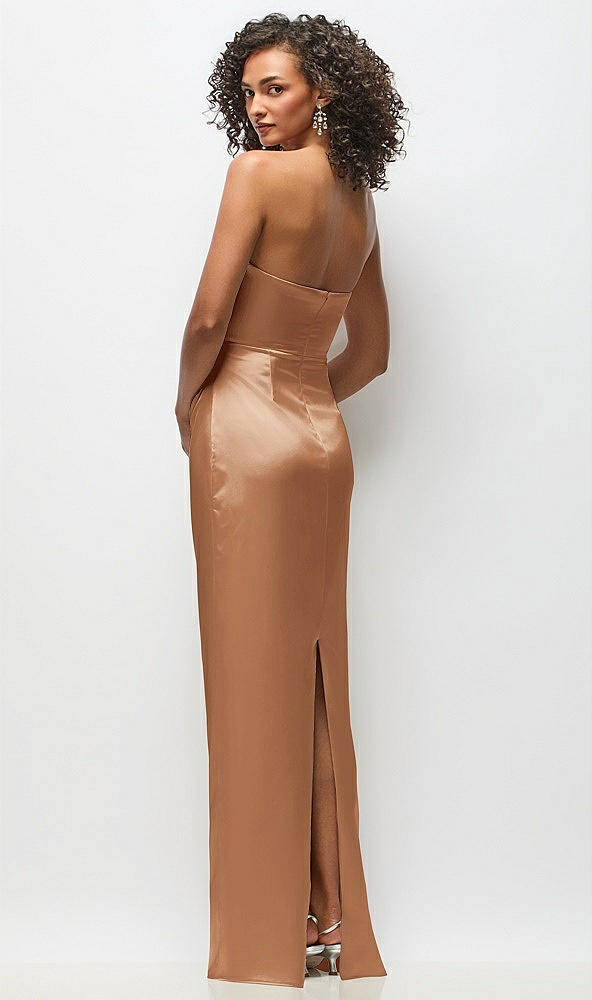 Back View - Toffee Strapless Draped Bodice Stretch Satin Column Maxi Dress