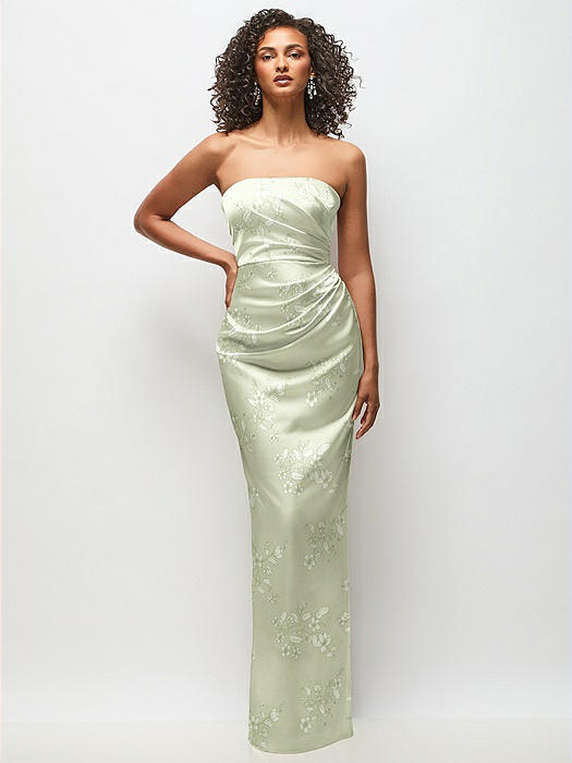 Strapless Draped Bodice Floral Stretch Satin Column Maxi Dress