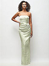 Front View Thumbnail - Vintage Primrose Celadon Strapless Draped Bodice Floral Stretch Satin Column Maxi Dress