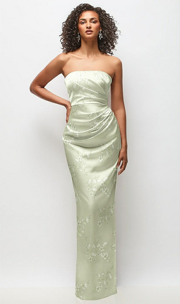 Front View - Vintage Primrose Celadon Strapless Draped Bodice Floral Stretch Satin Column Maxi Dress